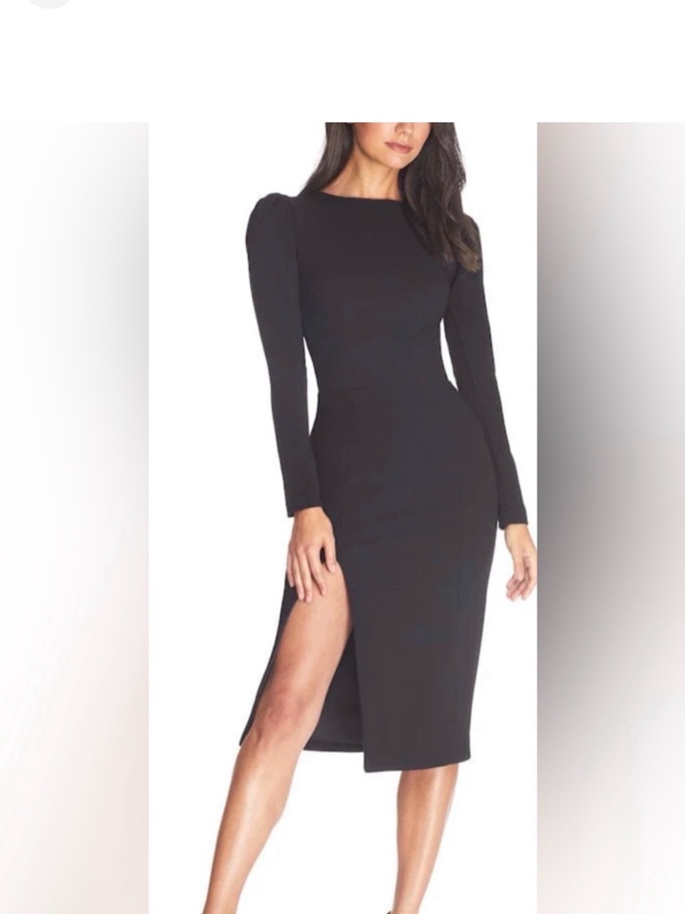 NWT Dress the Population. Size Large. Elegant Black Long-Sleeve Slit Midi Dress